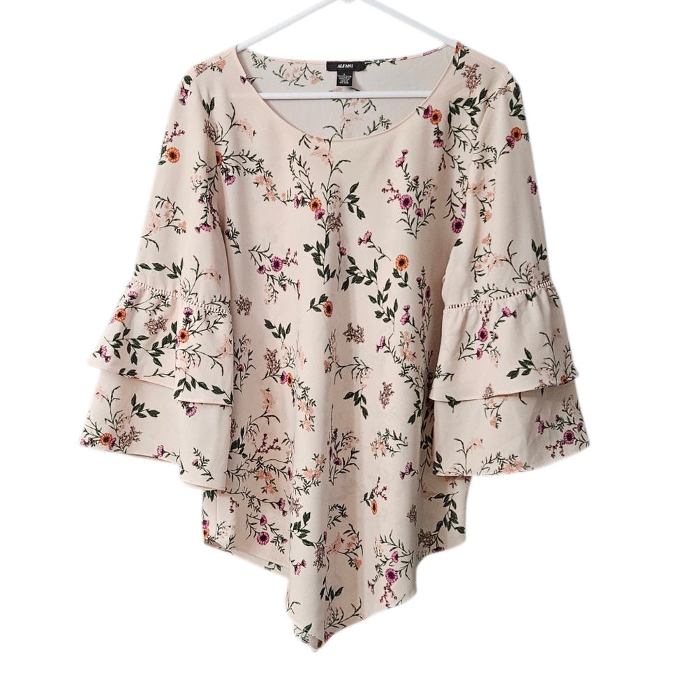 Alfani Bell Sleeve Floral Blouse Women's Large Light Pink/Peach Flowy